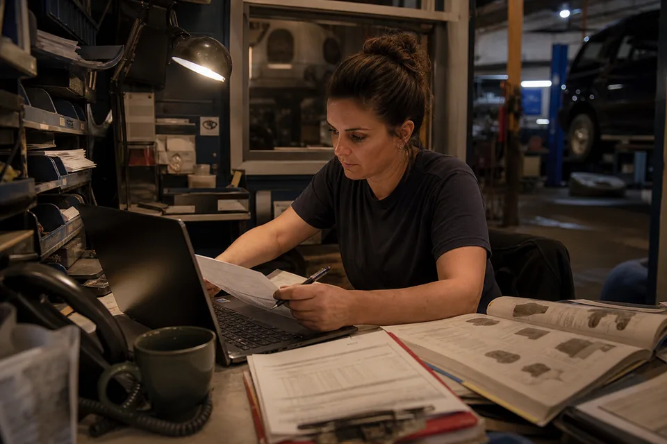 Auto shop owner reviewing drafted service pages on a laptop at a cluttered desk in the shop office after hours