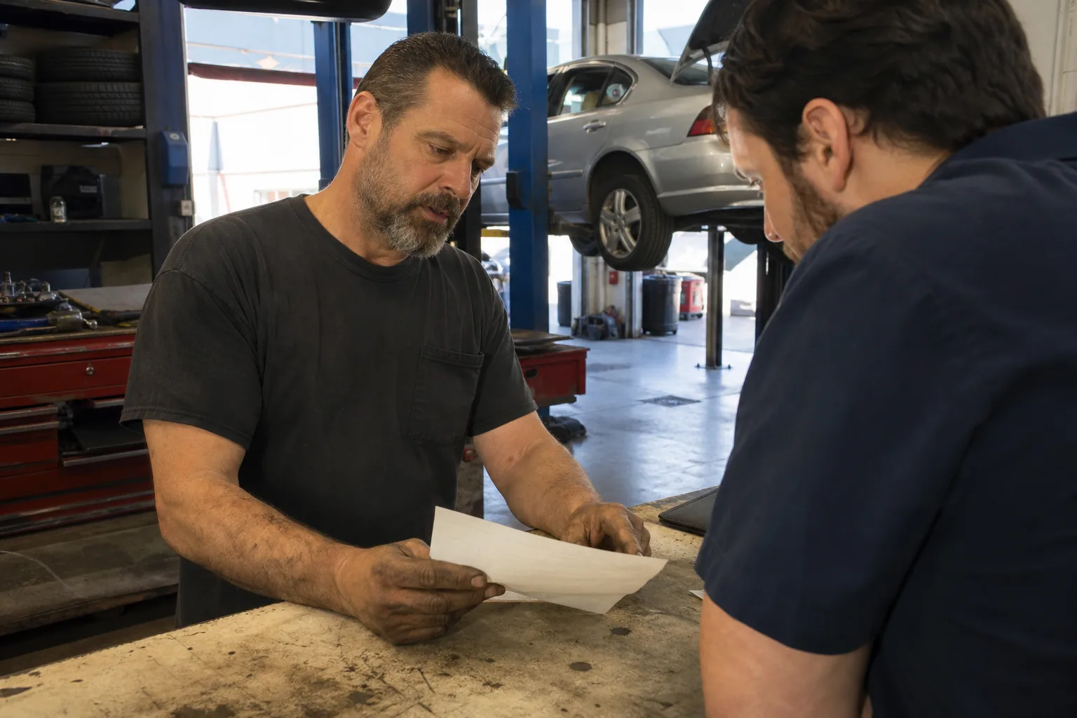 Independent auto repair shop owner going over a repair estimate with a customer at a worn service counter, a sedan on a lift behind