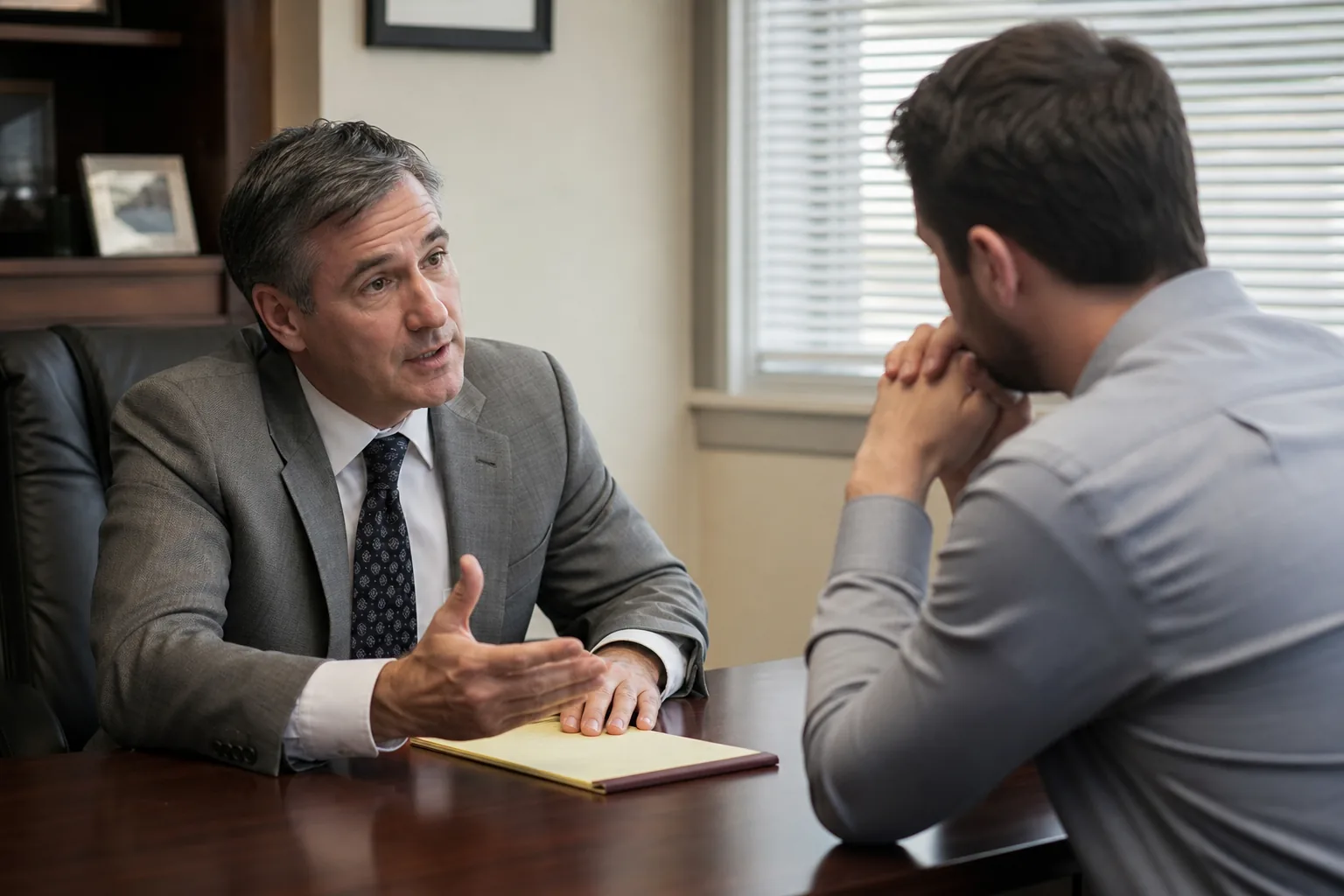 Attorney in a grey suit talking with a worried client across a table in a small law office conference room