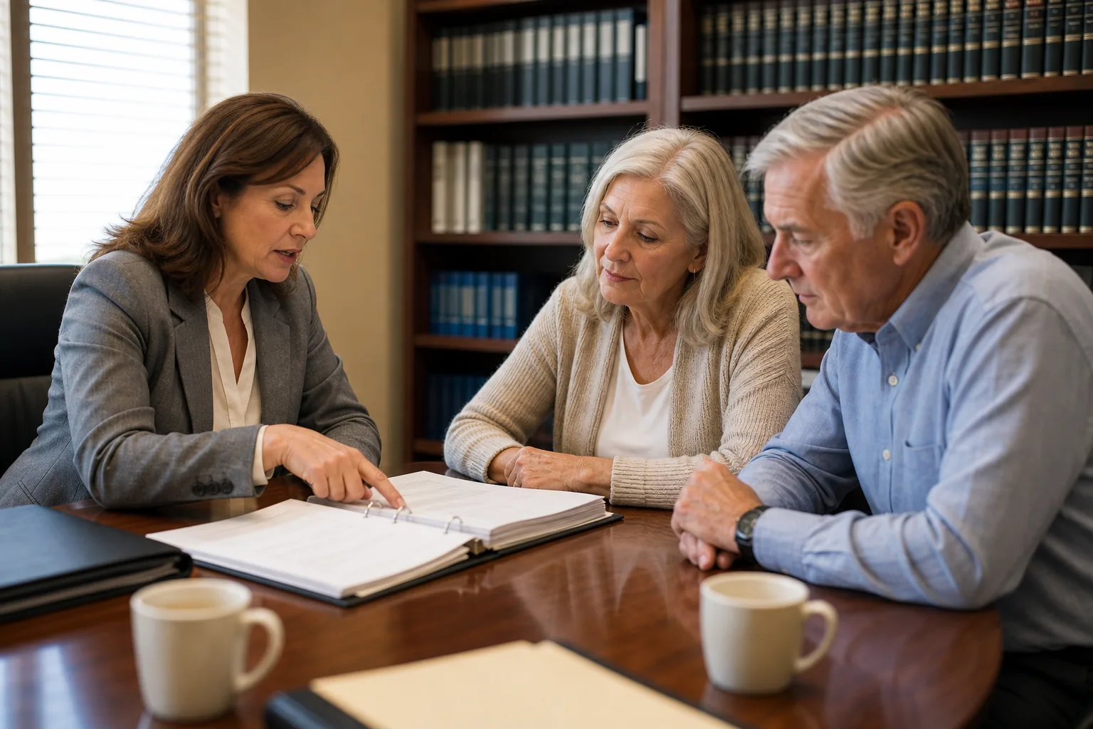 Estate planning attorney reviewing a trust document with an older married couple at a conference table
