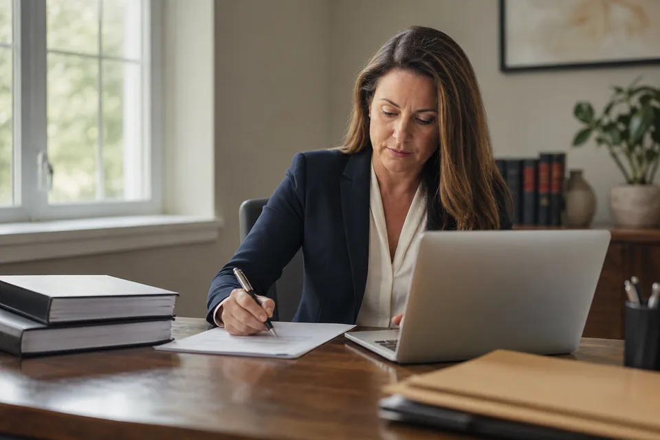 Attorney at a desk reading draft practice area pages on a laptop with a pen and a printed marked up page