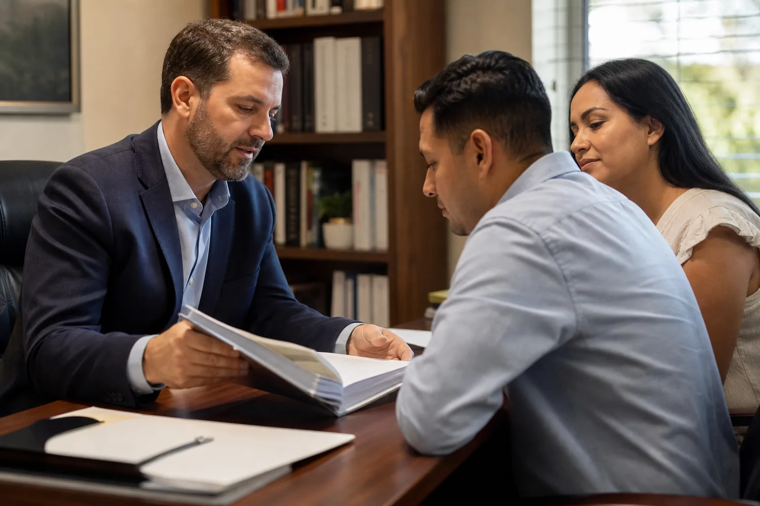 Immigration attorney reviewing a family petition folder with a married couple across his desk