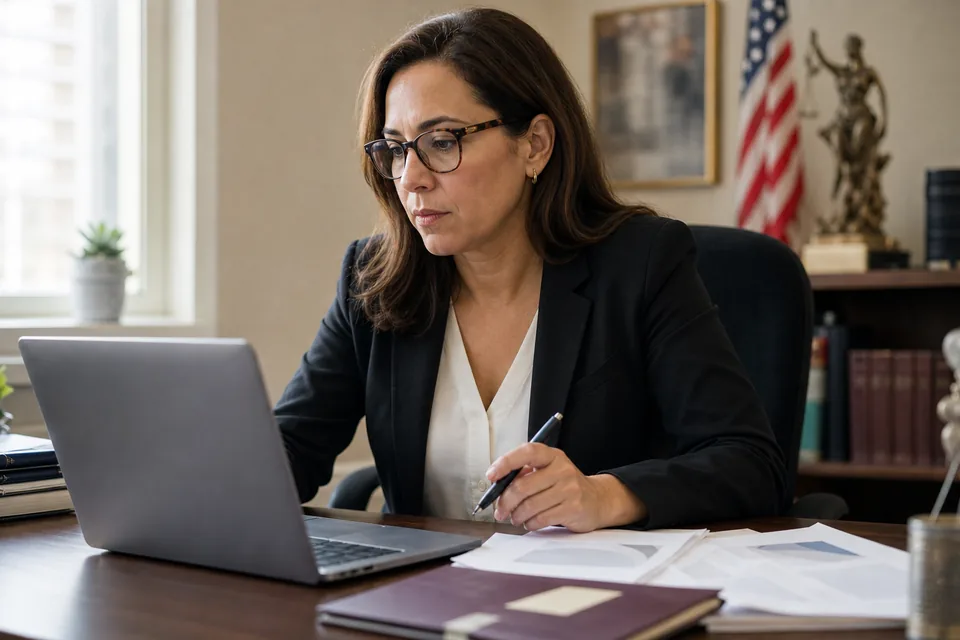 Immigration attorney at her desk reviewing draft practice area pages on a laptop with marked up printouts beside her